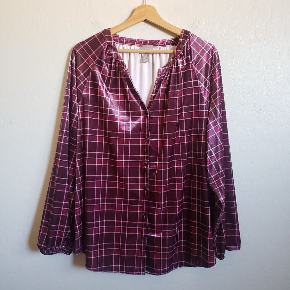 Chico's English Plaid Soft Velvet Blouse Button Front Plum Wine Size Women's XL